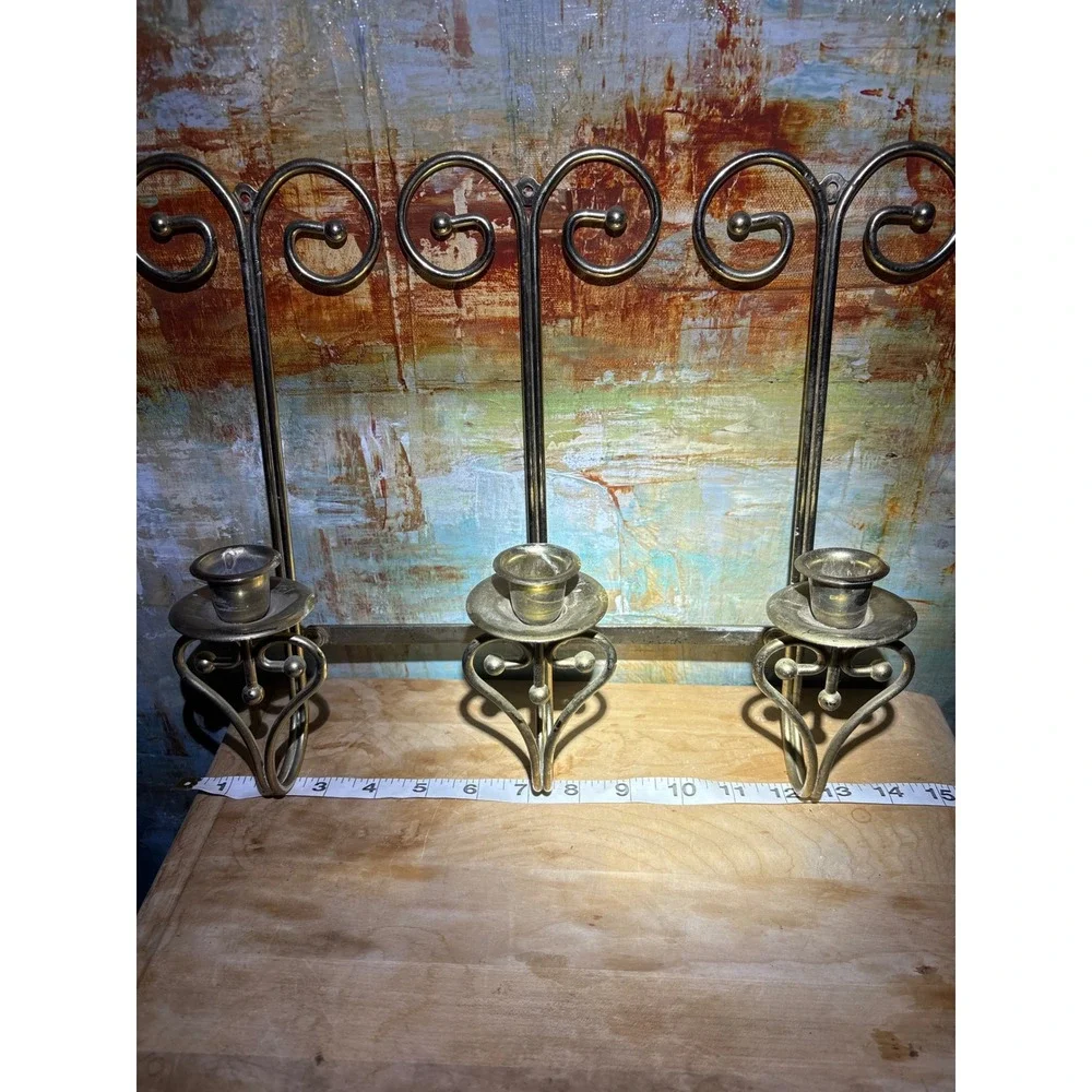 Vintage Brass Triple Wall Sconce Taper Candle Holder Folding Scrollwork Heart